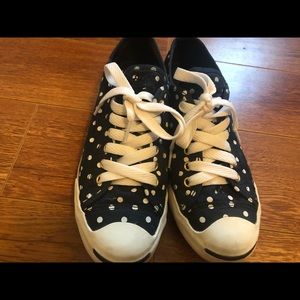 Jack Purcell Converse, navy polka dot, size 8.